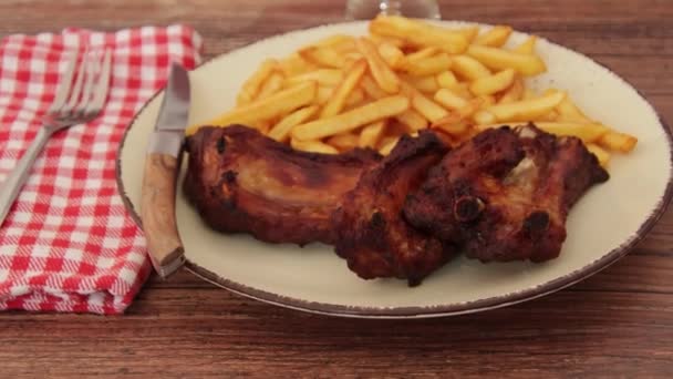 Pork Ribs Fries Plate — Stock Video