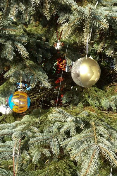 Bolas Uma Árvore Natal Decorações Coloridas Tempo Natal — Fotografia de Stock