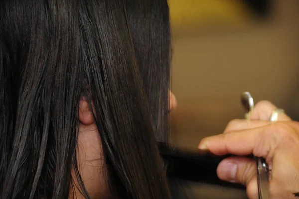 Penteado Cabeleireiro Recebendo Novo Corte Cabelo Olhar — Fotografia de Stock