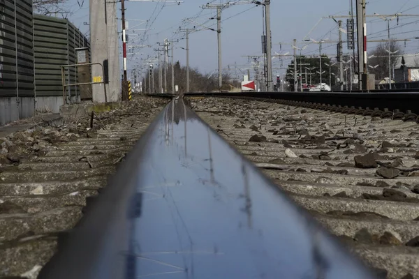 Σιδηροδρομική Γραμμή Για Σιδηροδρομική Και Σιδηροδρομική Κυκλοφορία Και Δημόσιες Μεταφορές — Φωτογραφία Αρχείου