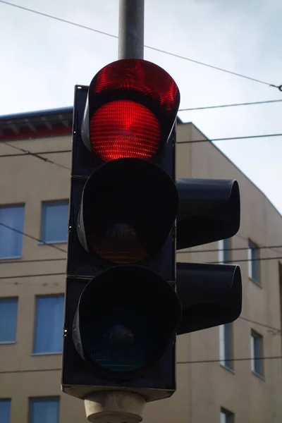 Piros Közlekedési Lámpa Utcán Megállás Szimbóluma — Stock Fotó