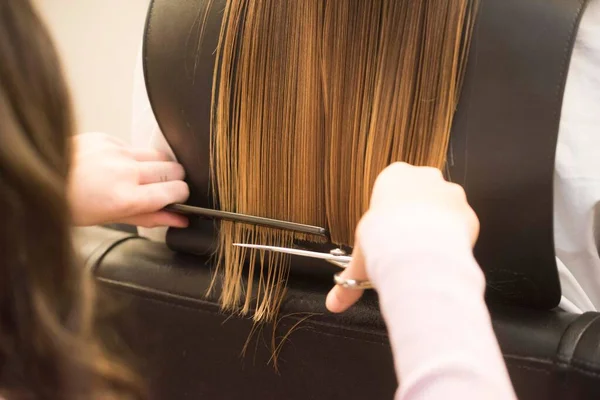 Penteado Cabeleireiro Recebendo Novo Corte Cabelo Olhar — Fotografia de Stock