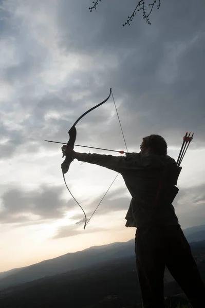 Archer Bow Arrow Aiming Twilight — Stock Photo, Image