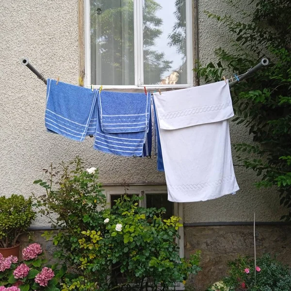 Tvätttorkning Utomhus Klädstreck Nytvättade Och Rengjorda Kläder — Stockfoto