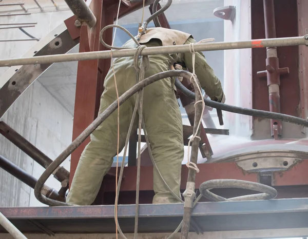 Steel Construction Worker Sandblasting Construction Site Industrial Worker —  Fotos de Stock