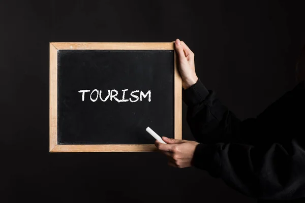 Person Holding Tourism Sign Blackboard White Chalk — Foto Stock