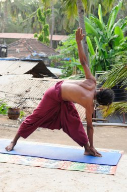 the utthita trikonasana or triangle pose, an exercise in yoga