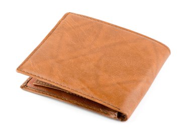 Kapalı kahverengi erkek cüzdanı beyaz arka planda, yakın plan, izole