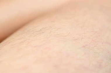 Kadın bacağında kıl var. Yakın plan. Kadınlardaki kıllı bacak sorunu.