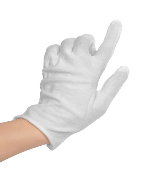 在白色的背景上交一个白色的面料手套 一只戴着白手套的手显示食指 — 图库照片
