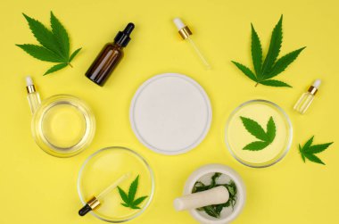 Kenevir reklamları için boş podyum. Doğal kenevir yağı. Sarı arka planda kenevir yağı şişeleri ve kenevir yapraklarının bileşimi, taklit et, düz yat.
