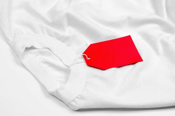 White Shirt White Background Red Blank Label Blank Red Price — стоковое фото