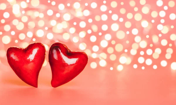 Valentine Day Card Two Red Hearts Background Blurry Lights Banner — Stock Photo, Image