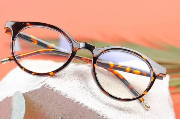 Doğal Taştan Yapılmış Bir Podyumda Şık Gözlükler Leopar Güneş Gözlükleri — Stok fotoğraf