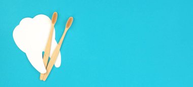 Mavi arka planda beyaz diş ve ahşap diş fırçası. Diş sağlığı konsepti, afiş, kopyalama alanı