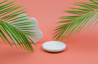 Paketleme için boş bir vitrin. Kozmetik güzellik gösterisi. Palmiye dallı doğal taştan yapılmış ürünlerin ve kozmetik ürünlerin sunumu için yuvarlak podyum.