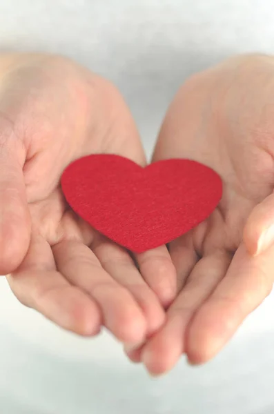 Rotes Herz Weiblichen Handflächen Auf Weißem Hintergrund Nahaufnahme — Stockfoto