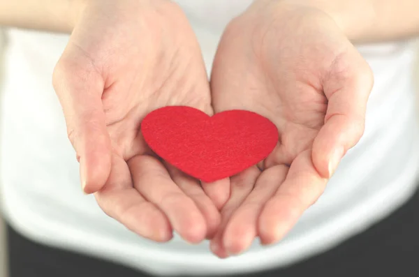 Rotes Herz Weiblichen Handflächen Auf Weißem Hintergrund Das Konzept Von — Stockfoto