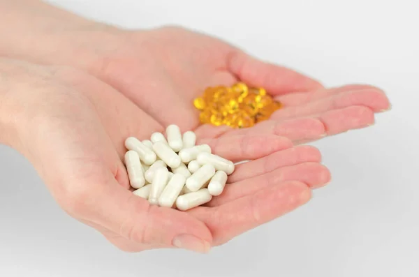 White Capsule Pills Female Hands Selective Focus — Stock Photo, Image