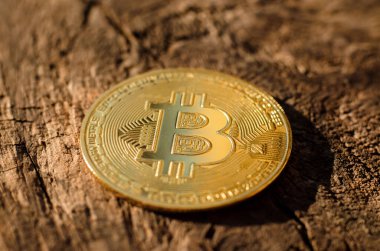 Eski ahşap bir yüzeyde altın bitcoin. Dünya kripto para birimi
