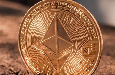 Ethereum coin close up. World cryptocurrency. Financial system of the future - Ukraine, Izmail 17.03.22