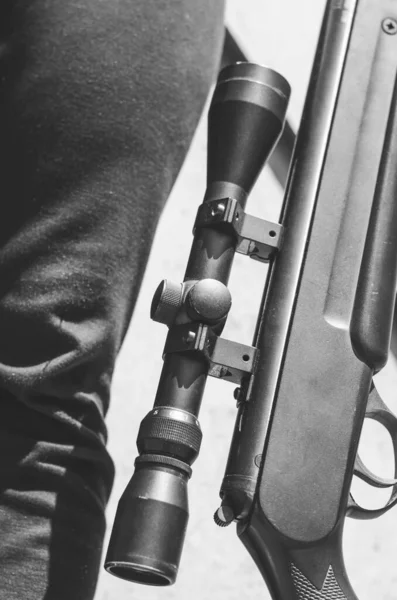 Close Rifle Sniper Scope Black White Photo — стоковое фото
