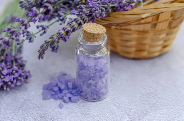 Lavender Sea Salt Small Transparent Bottle Fresh Lavender Flowers Lavender — Stock Photo, Image