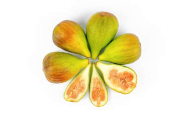 Top view of fig fruits on a white background. Ripe juicy figs