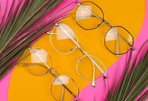 Lunettes Élégantes Sur Fond Coloré Avec Des Feuilles Palmier Ensemble — Photo