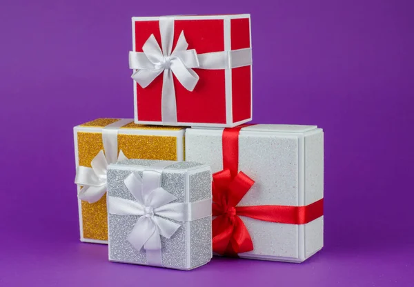 Gift Boxes Purple Background Lots Gift Boxes — Stockfoto