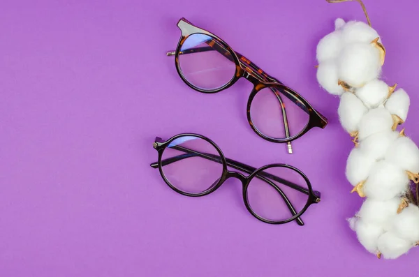 Stylish Women Glasses Purple Background Cotton Flowers — Foto Stock