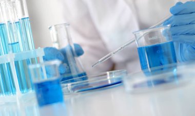 Bilim adamı laboratuvarda araştırma yapıyor. Klinik deneyler ve aşı geliştirme. Laboratuvar pipetli bir bilim adamının elleri.