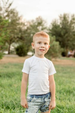A five-year-old red-haired boy has fun and makes faces in the park on the lawn