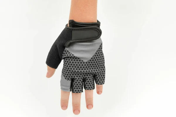 Sports glove without fingers on a female hand. Cycling glove