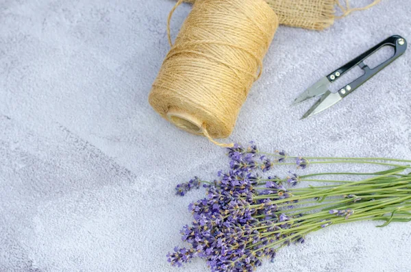 Bouquet Fresh Lavender Twine Scissors Concrete Background Selective Focus Copy — Stock Photo, Image