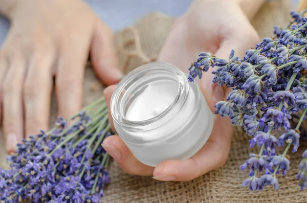 Moisturizing Cream Female Hands Lavender Moisturizer — Stock Photo, Image