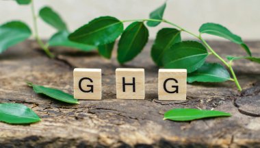 Abbreviation GHG on wooden cubes against the background of green leaves. Greenhouse Gas.