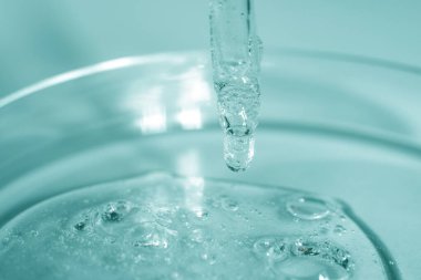 Yakın çekim - jelin yapısı. Petri kabında şeffaf kozmetik jel. Vücut bakımı için kozmetik ürünlerinin laboratuvar araştırmaları ve geliştirilmesi