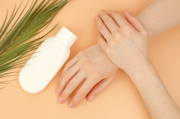 Women Hands White Tube Moisturizer Beige Background Organic Cosmetics Skin — Stock Photo, Image