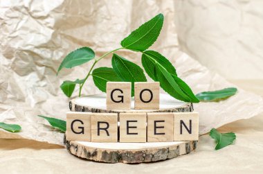 Kelimeler yeşil yapraklı ahşap bir podyumda yeşile döner.