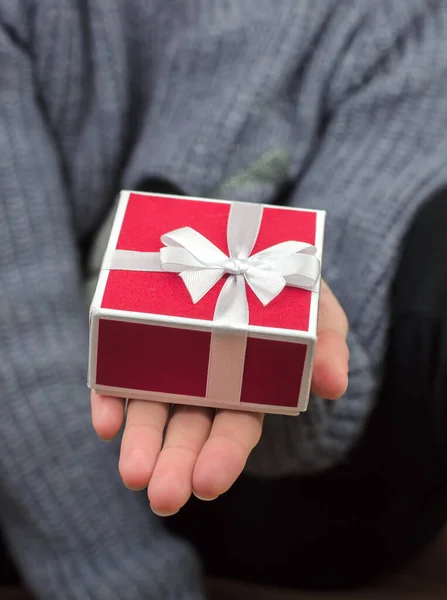 Gift Box Female Hands Close Red Gift Box Bow Female — Stock Photo, Image