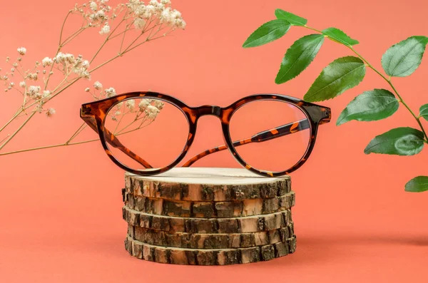 Snygga Leopardinramade Glasögon Ett Träpodium Försäljning Glas — Stockfoto