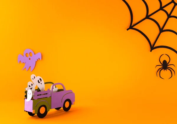 Happy halloween holiday concept. Halloween handmade paper decorations, spiders, spider web, ghosts in car on orange background. Halloween festival party, greeting card mockup with copy space