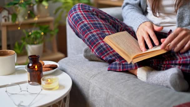 Hyggelige kvinde ben i strikkede vinter varme sokker og ternet pyjamas læsning bog, drikke varm kakao eller kaffe i krus, sidder på sofaen derhjemme. Efterår vibes med stearinlys, indretning og indendørs planter. – Stock-video