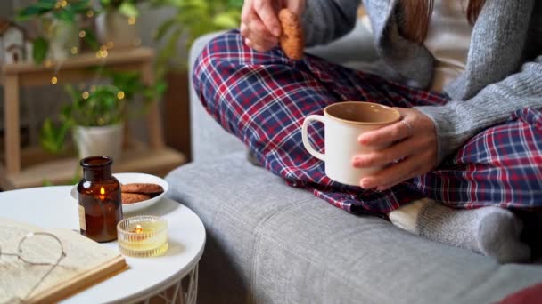 Útulné ženské nohy v pletených zimních teplých ponožkách a kostkovaném pyžamu popíjejícím horké kakao nebo kávu v hrnku, pojídajícím sušenky, sedícím doma na gauči. Podzimní vibrace se svíčkami, knihami a interiérovými rostlinami. — Stock video