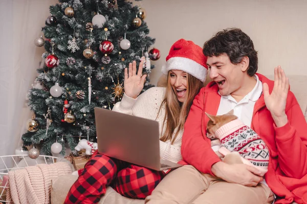 Portret pięknej pary męża i żony z laptopem w czerwonym kapeluszu Mikołaja o wideo rozmowy z pieskiem w swetrze, cieszyć się Boże Narodzenie w domu. Pozdrowienia online. — Zdjęcie stockowe
