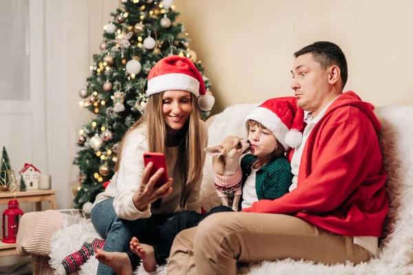 Ευτυχισμένη οικογένεια με τον μικρό γιο να κάνει βιντεοκλήση στο τηλέφωνο. Μητέρα σε Σάντα καπέλο, ο πατέρας, το παιδί αγόρι και το σκυλί σε πουλόβερ διασκεδάζουν στις διακοπές των Χριστουγέννων στο σπίτι. Καλά Χριστούγεννα και ευτυχισμένο το νέο έτος κόμμα — Φωτογραφία Αρχείου