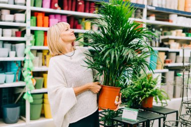 Bahçıvanlık, ekme ve alışveriş konsepti. Serada ya da bahçe merkezinde çiçek ve saksı seçen olgun, güzel bir kadın. Son sınıf öğrencisi alışveriş merkezindeki marketten çiçek alıyor.