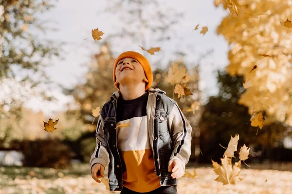 Kid Having Fun Autumn Park Fallen Leaves Throwing Leaf Child — Zdjęcie stockowe