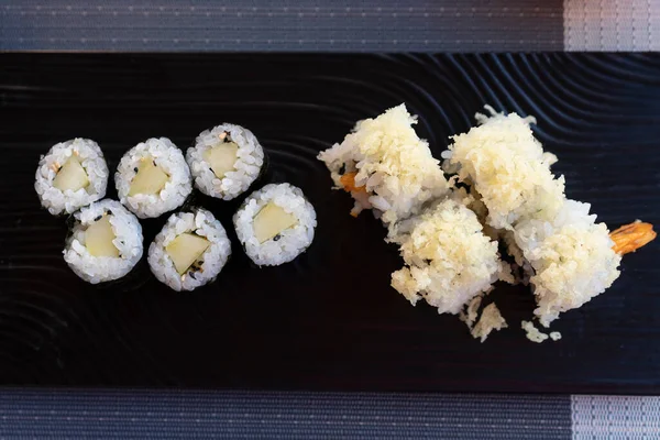 Traditional Japanese Rolls Sushi Cucumbers Rolls Sushi Shrimps Fried Black — Stock Photo, Image